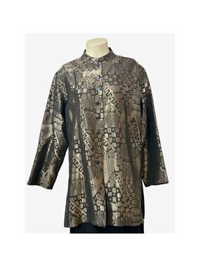 Chico’s Design Metallic Silk Blend Button Down Shirt Black Gold Size 2 Large